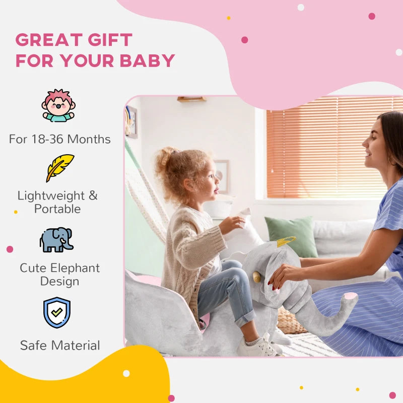 Kids Elephant Rocking Horse with Safety Belt - Wooden Base, Grey - Perfect for Ages 18-36 Months