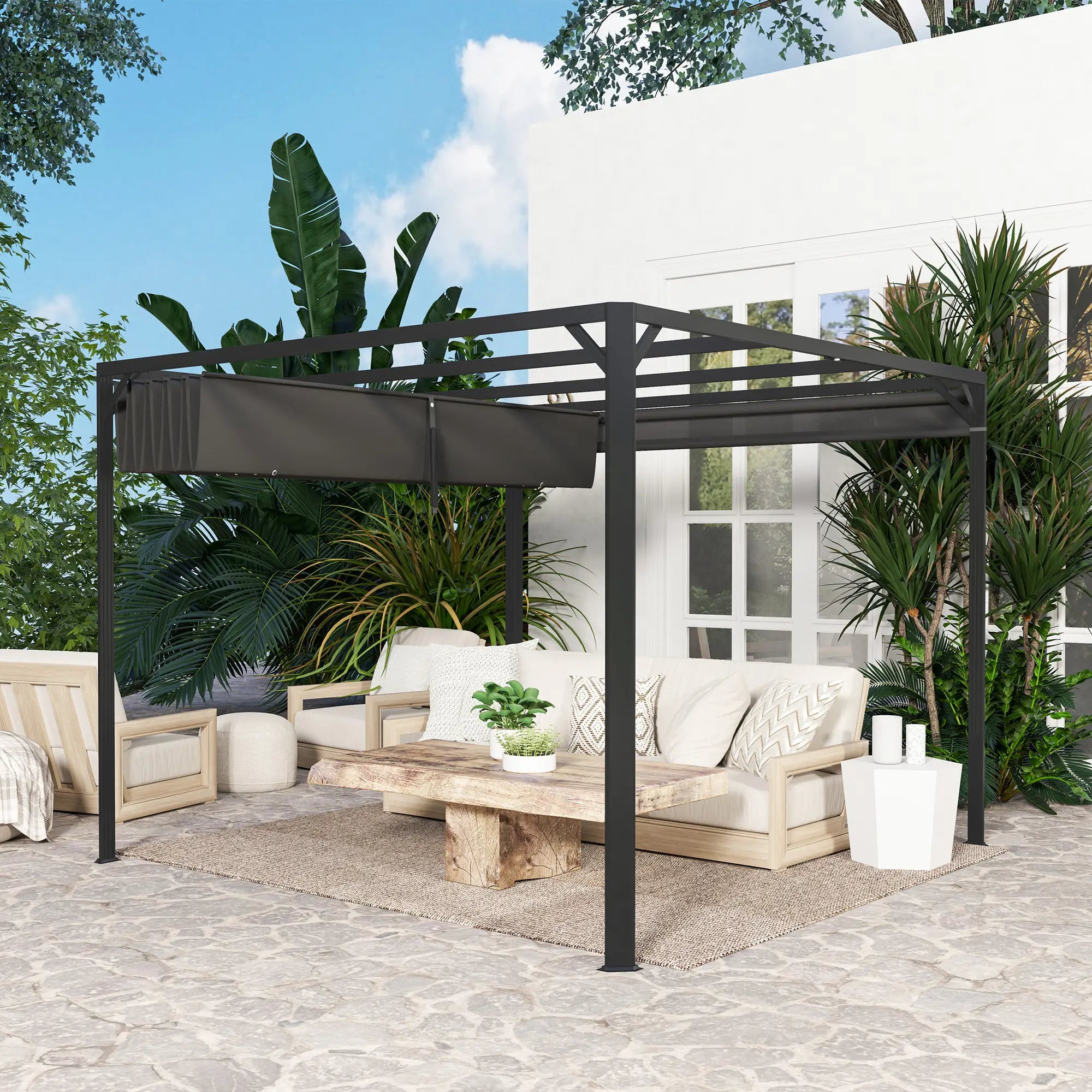 3m x 3m Aluminium Pergola With Retractable Roof and Wall - Dark Grey