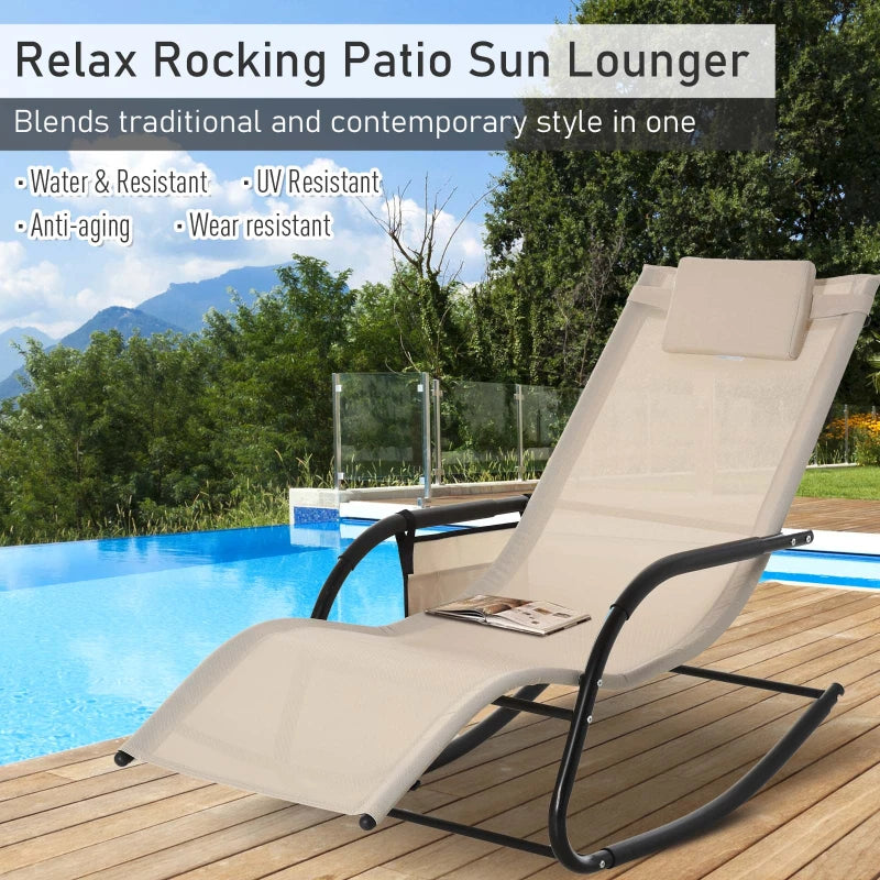 Outdoor Rocking Chair with Mesh Fabric, Headrest, Armrest, Storage Bag - Cream White