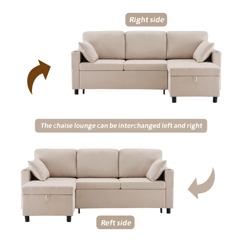 Linen Look L-Shaped Corner Sofa Bed with Storage, 3-Seater Convertible Settee with Cup Holders, Beige