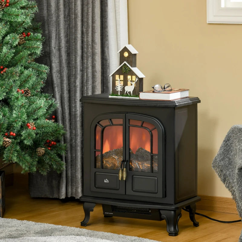 Electric Fireplace Stove Heater with LED Flame Effect Freestanding Portable Overheat Protection 1000W 2000W Black