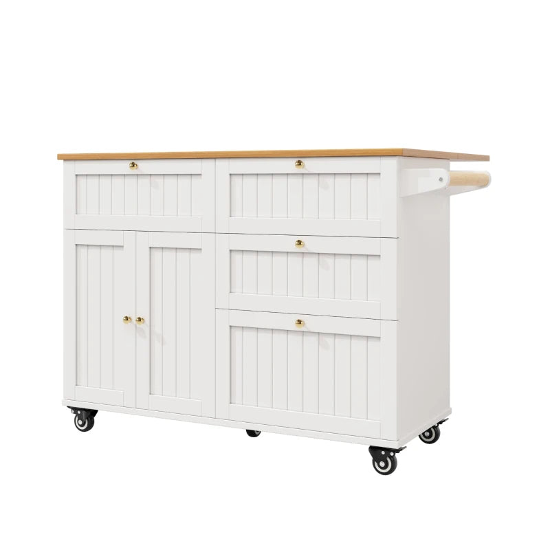 Rolling Mobile Kitchen Island Cart with Drawer & Storage, Drop Leaf, Multi-Functional Design, 133L x 70W x 88H cm, White