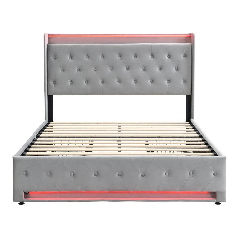 4ft6 Upholstered Double Bed with Velvet Headboard, 4 Storage Drawers, LED Lights & Charging Socket - Grey, 206L x 143W x 115H cm