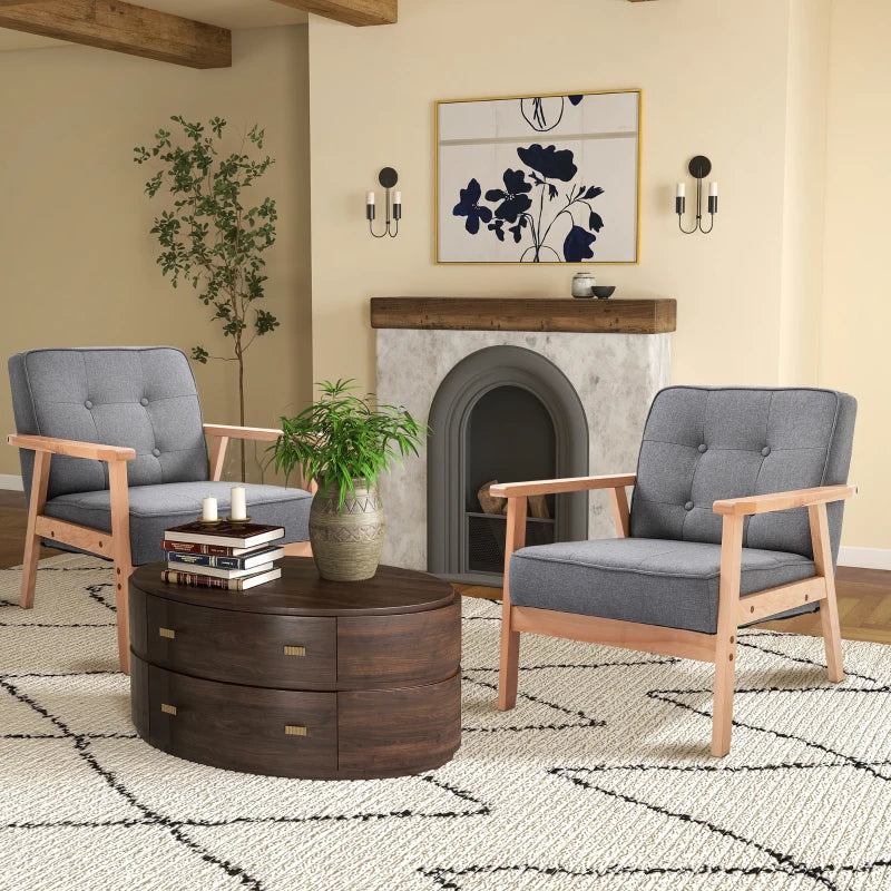 Linen Fabric Accent Armchair Set of 2 with Beech Wood Frame for Living Room, Bedroom, and Balcony