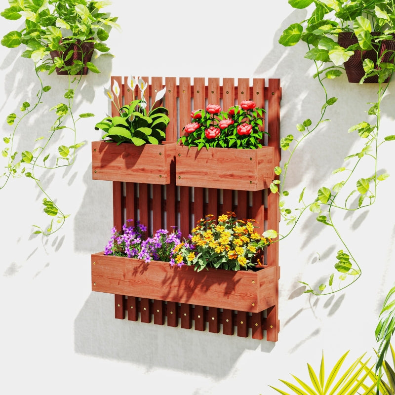 Wall-Mounted Wooden Garden Planters with Trellis - Brown - 3 Planter Boxes with Drainage Holes for Patio - 120cm