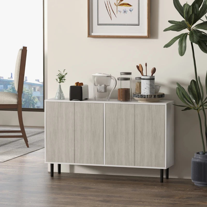 Modern White Kitchen Sideboard Storage Cabinet with Adjustable Shelves, 4 Doors & Pine Wood Legs for Living Room