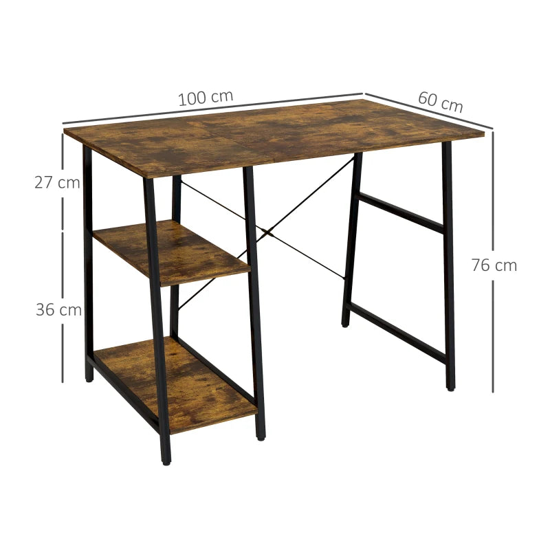 100cm Industrial Computer Desk with Storage - Rustic Brown Home Office Table, 2 Tier Shelves & Steel Frame for Study Room