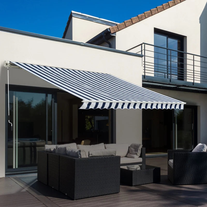 Blue & White Striped Manual Retractable Awning - 3m x 2.5m