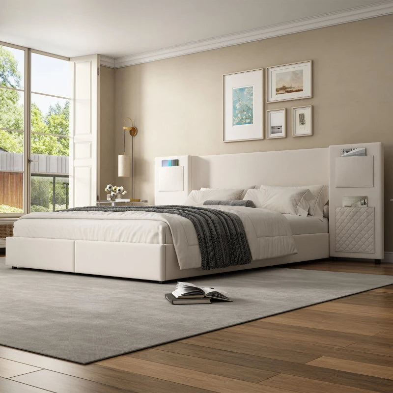 Beige Upholstered Double Bed Frame with Storage Drawers & Headboard Pockets - Velvet & Plywood, 229L x 222.5W x 87.5H cm