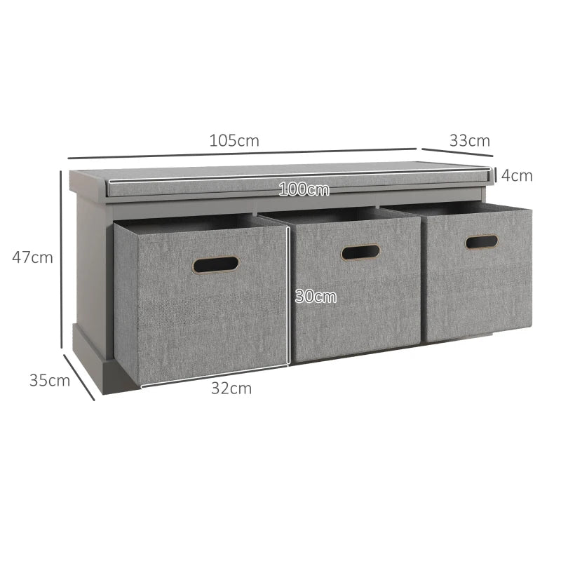 Three Drawer Shoe Storage Bench with Padded Top Seat in Grey