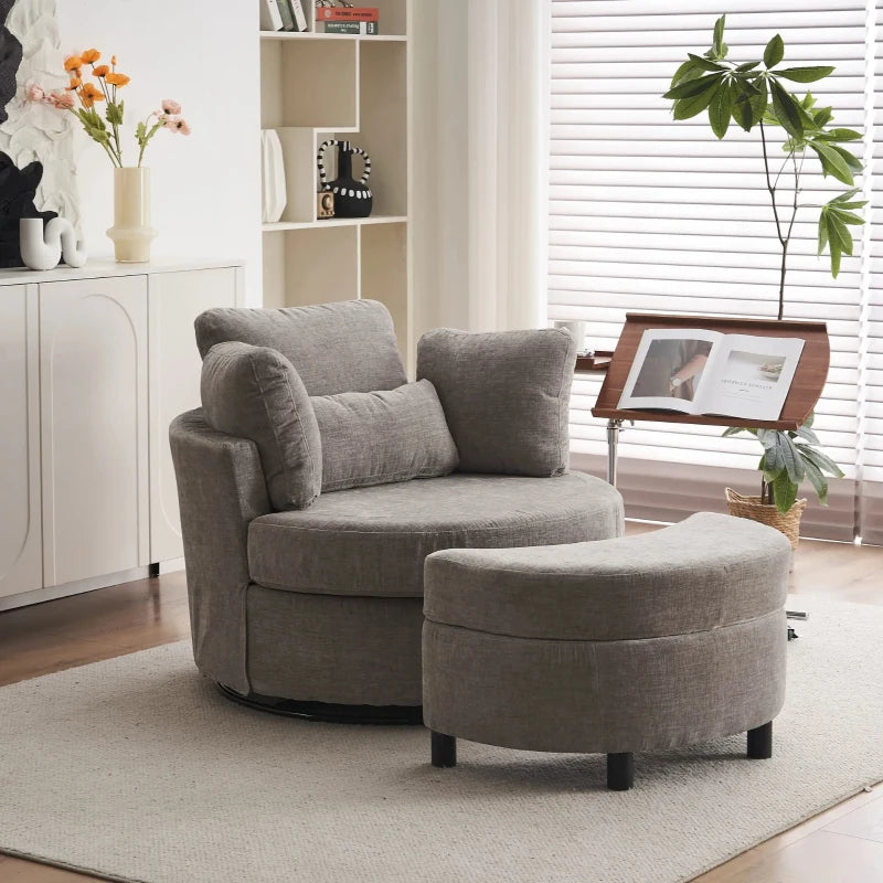 Stylish Grey Chenille Swivel Armchair with 3 Back Cushions and Crescent Ottoman Stool, 360° Rotation, 107L x 105W x 82H cm
