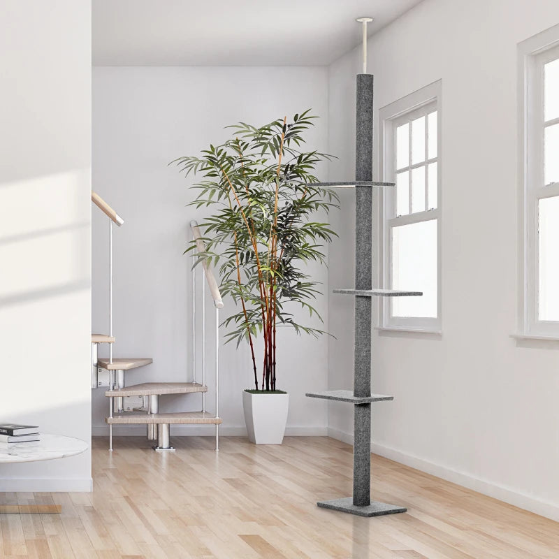 260cm Indoor Cat Tree with 3 Platforms - Grey Floor to Ceiling Activity Centre for Cats