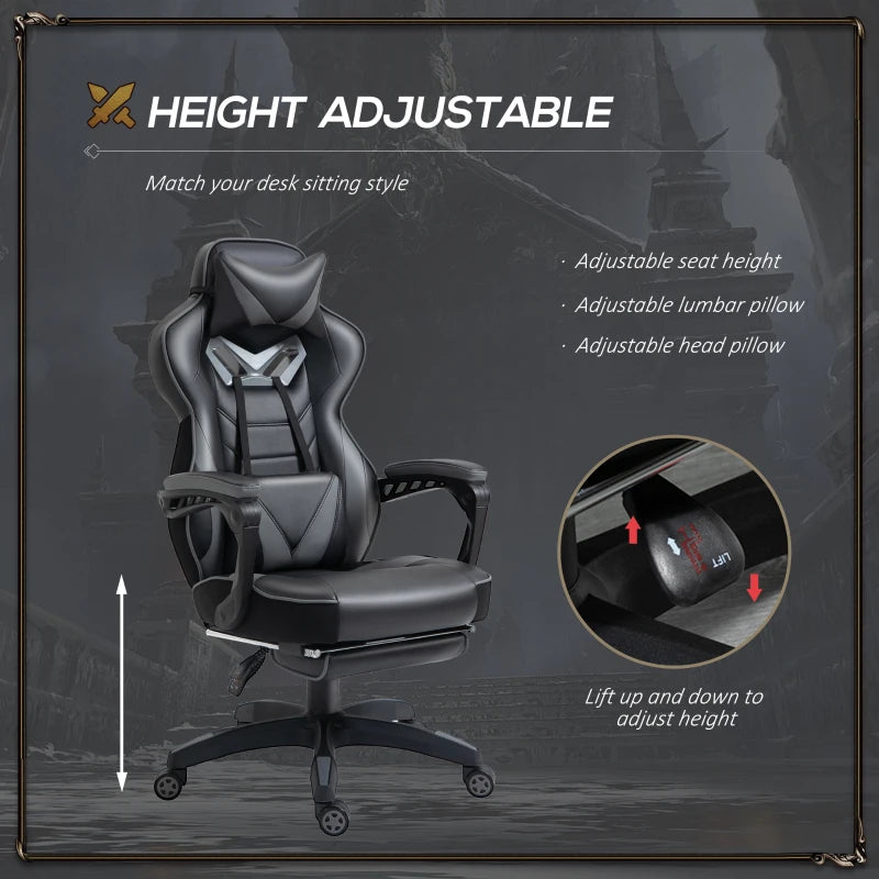 Vinsetto Grey Gaming Chair with Lumbar Support & Footrest - PU Leather Racing Desk Chair with Headrest & Swivel Wheels