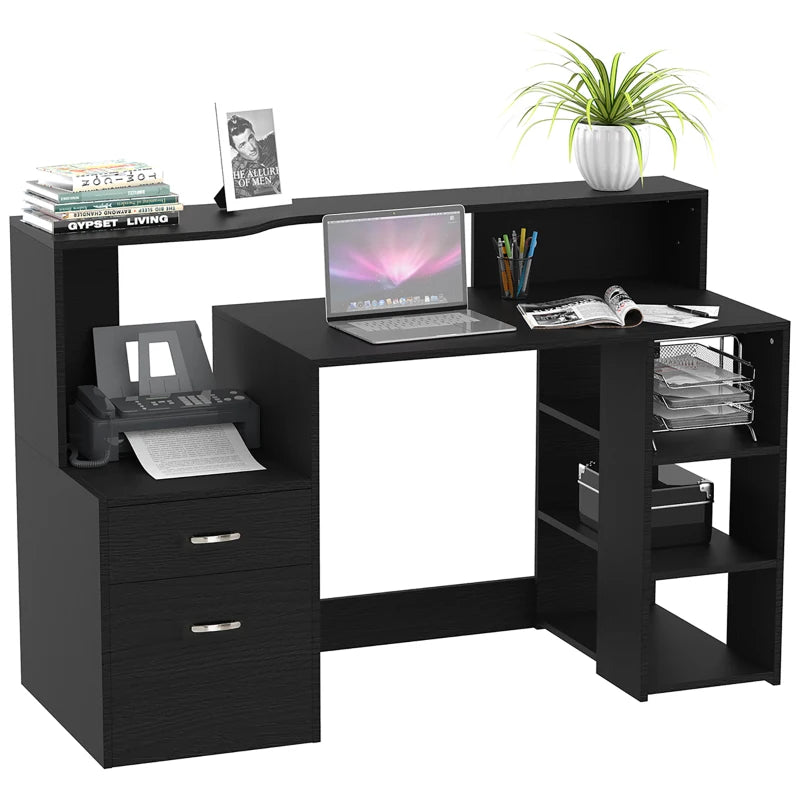 Large Black Computer Desk with Drawers & Storage Shelves - Office Writing Table & Printer Stand for Home Office, 137x55x92cm