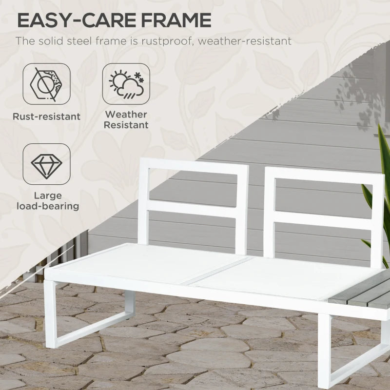 White Framed Metal Corner Sofa Set With Cushions & Woodgrain Table