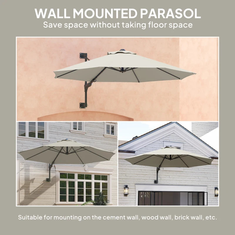 3m Wall-Mounted Parasol Shade with Handle - Light Grey Outdoor Umbrella for Patio