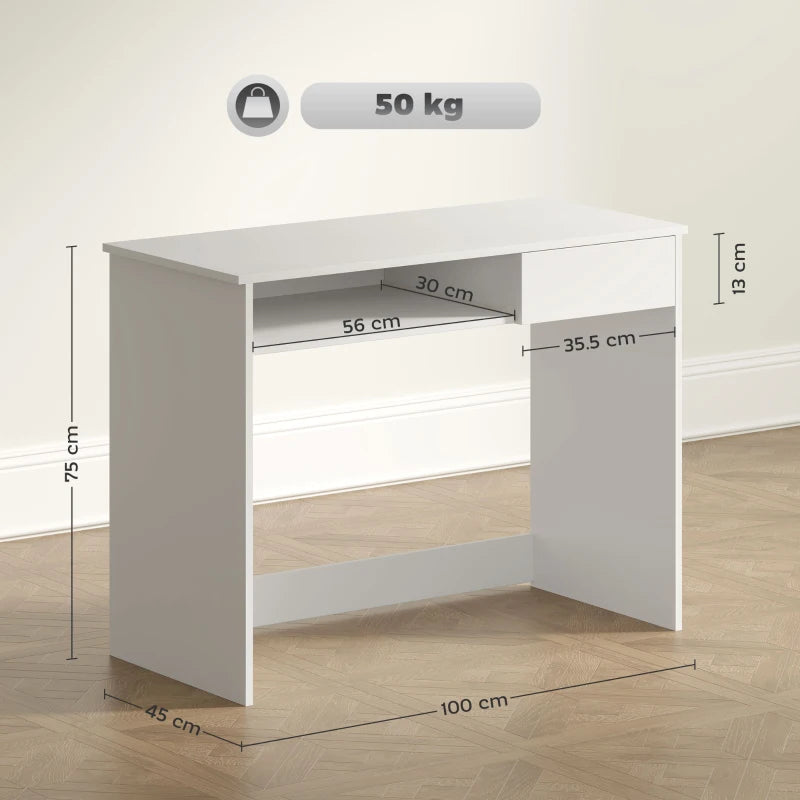 100cm Compact Computer Desk with Keyboard Tray & Drawer - Stylish Home Office Desk for Bedroom Study, White Finish