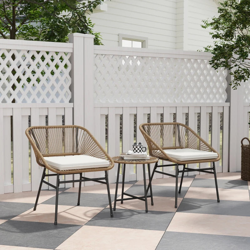 3 Pieces Rattan Bistro Set - Small Garden Table and Chairs with Cushions, Glass Top Coffee Table - Natural Wicker Outdoor Furniture for Patio and Balcony