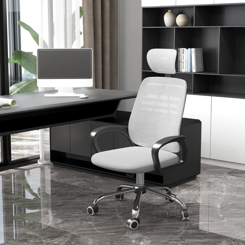 Vinsetto Ergonomic Mesh Office Chair with Rotatable Headrest, Lumbar Support & Armrests - Stylish Grey Desk Chair