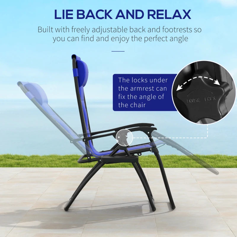 Blue Sun Lounger Chair Set of 2 - Folding Reclining Patio Chairs with Padded Seat, Cup Holder