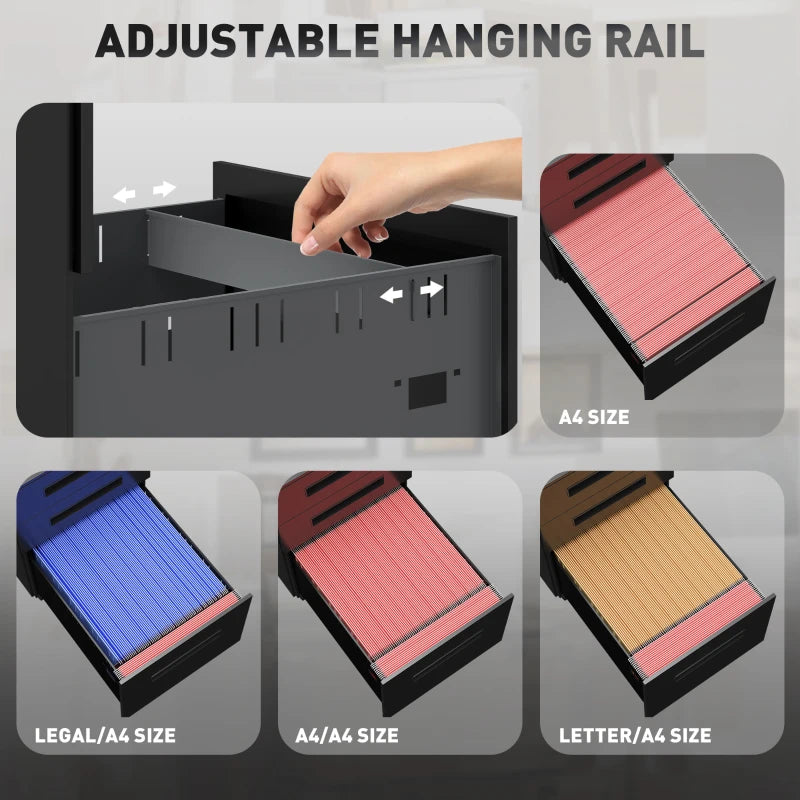 Vinsetto Black Three-Drawer Steel Filing Cabinet - Durable Office Storage Solution for Organizing Documents and Files