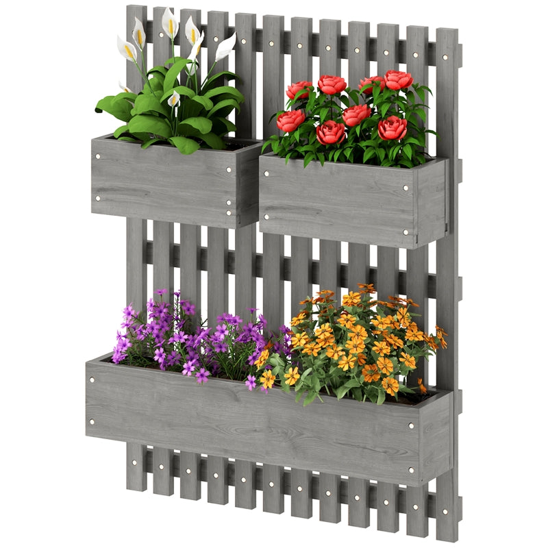 Wall-Mounted Wooden Garden Planters with Trellis - Grey - 3 Planter Boxes with Drainage Holes for Patio - 120cm