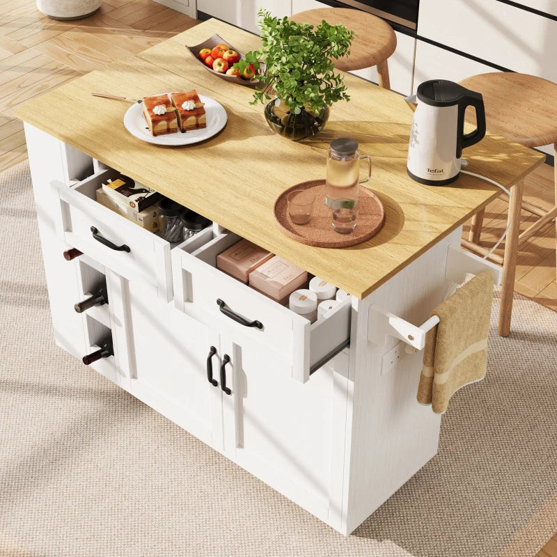 Space-Saving Kitchen Island Trolley with Power Strip, Folding Design & Wine Rack - White & Natural, 131.5L x 76W x 91H cm