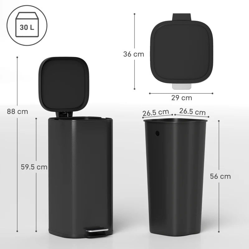 30L Compact Kitchen Pedal Bin with Soft-Close Lid, Stay-Open Feature & Removable Bucket - Black Trash Can for Home & Office