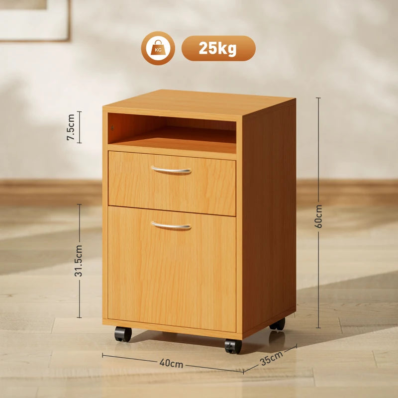 60cm Mobile Filing Cabinet with Drawer & Open Shelf, 4 Wheels, Metal Handles - Natural Wood Finish for Office & Home