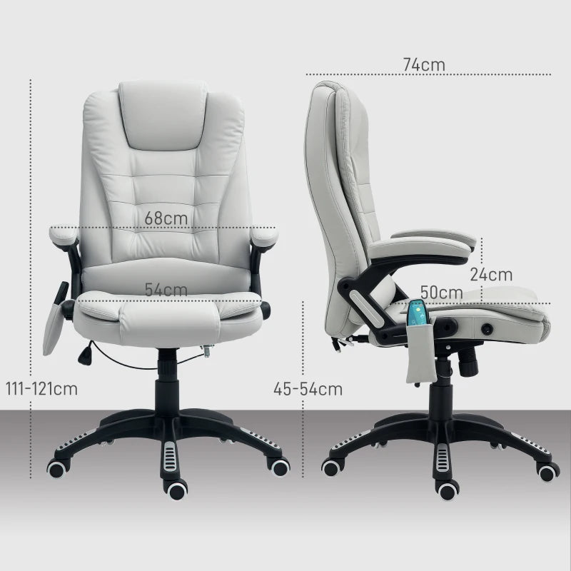 Light Grey 6-Point Massage Office Chair with Heated Seat, PU Leather High Back, Adjustable Height & 360° Swivel for Home Office