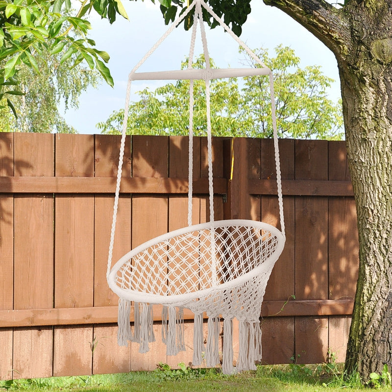 Beige Macrame Hanging Rope Chair with Tassels - Portable Garden Seat