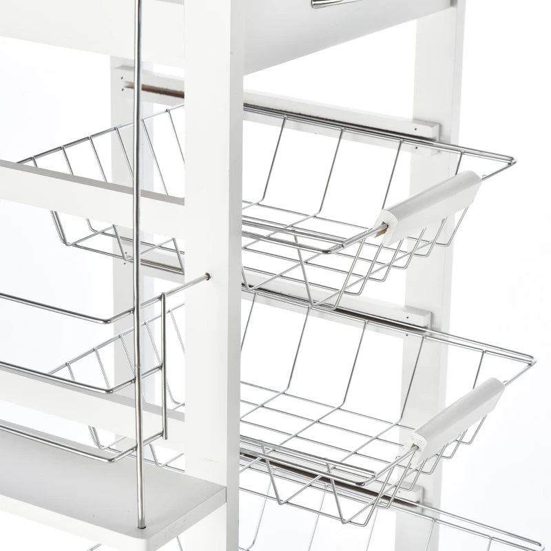 Rolling Kitchen Cart with 4 Basket Drawers & Side Racks - Mobile Utility Storage Cart on Wheels for Dining Room - White