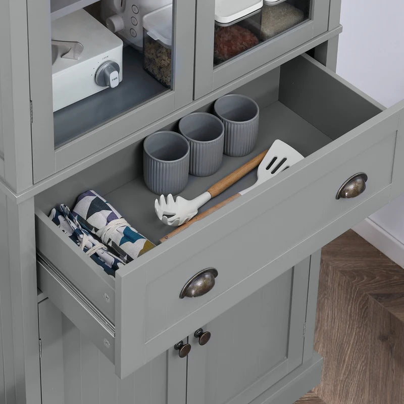 180cm Tall Freestanding Kitchen Pantry Cupboard - 5 Tier Storage Cabinet with Adjustable Shelves & Drawer in Grey