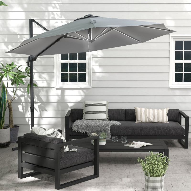 Adjustable Light Grey Cantilever Parasol with Solar LED Lights