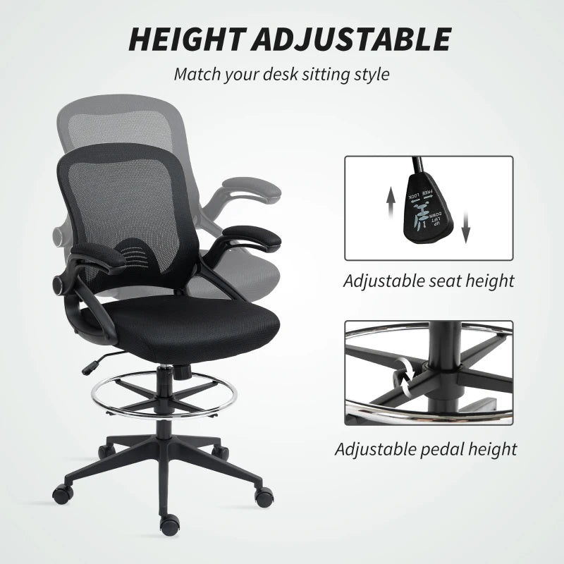 Vinsetto Adjustable Drafting Chair with Flip-Up Armrests, Mesh Office Stool, 360° Swivel, Foot Ring for Standing Desks - Black