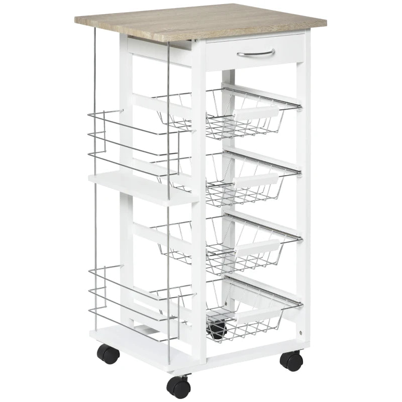 Rolling Kitchen Cart with 4 Basket Drawers & Side Racks - Utility Storage on Wheels for Dining Room - Natural & White