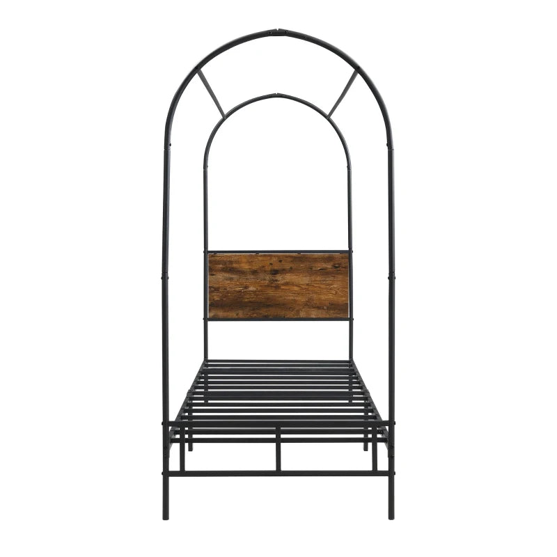 Durable Metal Canopy Bed Frame with Wood Headboard - Easy Self-Installation, Black, 195L x 90.5W x 192H cm