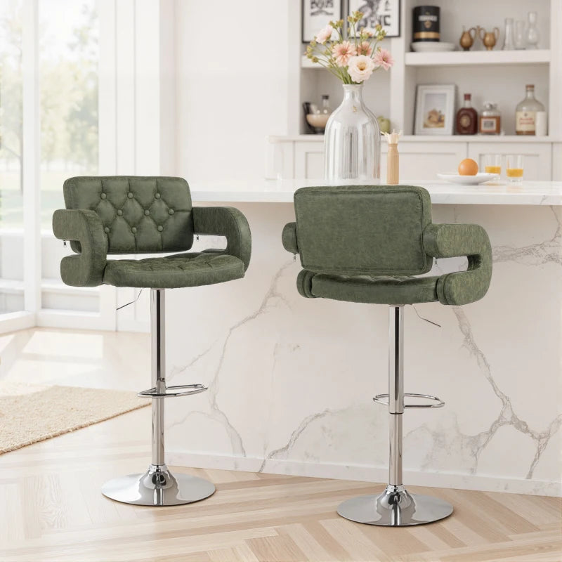 Green PU Leather Swivel Bar Stool - Height Adjustable, Upholstered with Back, Armrest & Footrest for Comfort