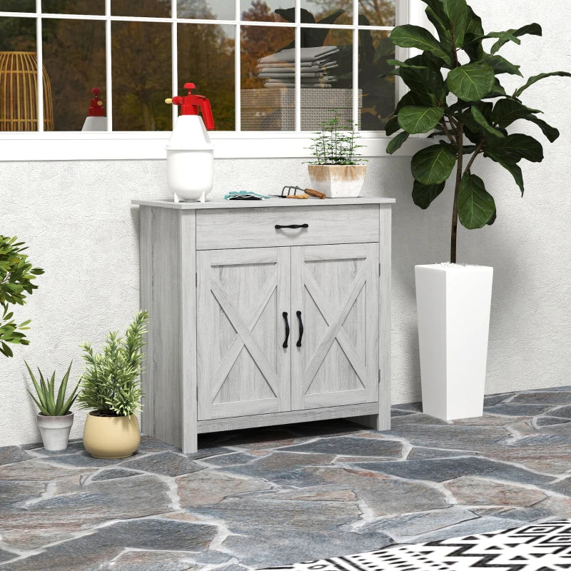 Farmhouse Barn Door Sideboard Storage Cabinet - Grey Grain Coffee Bar for Living Room - Rustic Home Decor