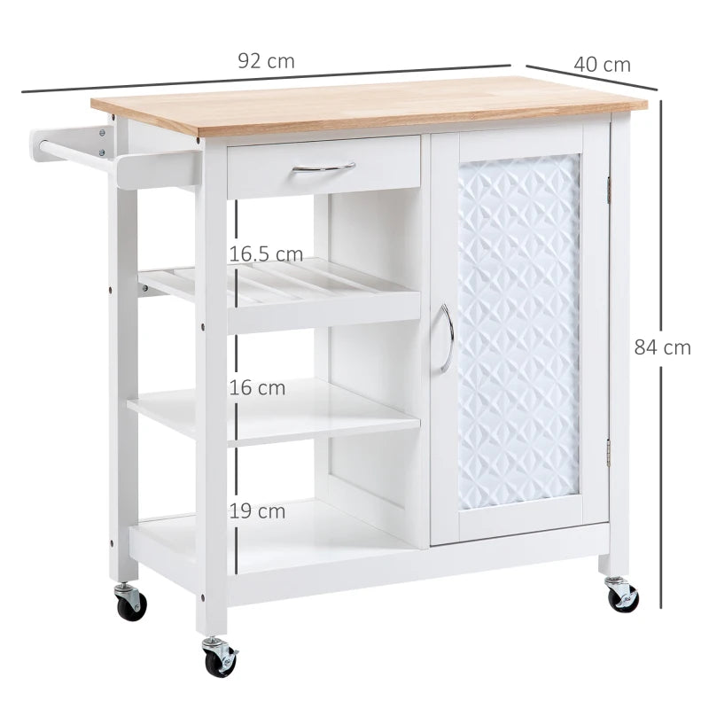 White Kitchen Trolley on Wheels - Utility Kitchen Island Cart with 3 Storage Shelves & Embossed Door Panel
