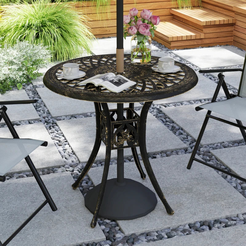 78 cm Round Bronze Tone Garden Dining Table with Parasol Hole - Antique Cast Aluminium Outdoor Table