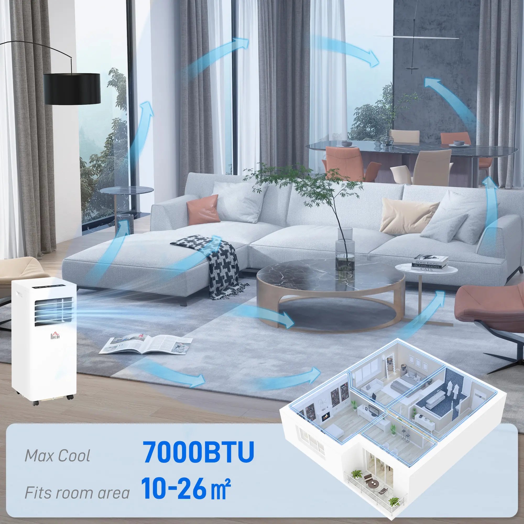 7000 BTU Portable Air Conditioner – 3-in-1 AC Unit with Cooling, Dehumidifier & Fan Modes, Remote Control, 24H Timer, LED Display, Window Kit, Ideal for Rooms up to 26m²