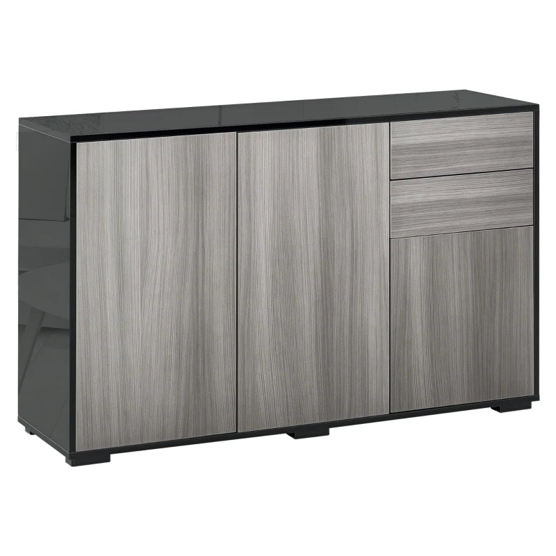 High Gloss Side Cabinet with Push-Open Design, 2 Drawers & 2 Cabinets, Light Grey & Black, 74H x 117W x 36Dcm