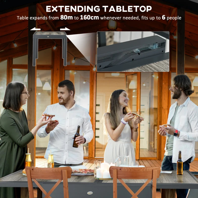 Grey Extendable Outdoor Dining Table for 6, Aluminium Frame, Rectangular Patio Table, 80/160L x 80W x 75H cm