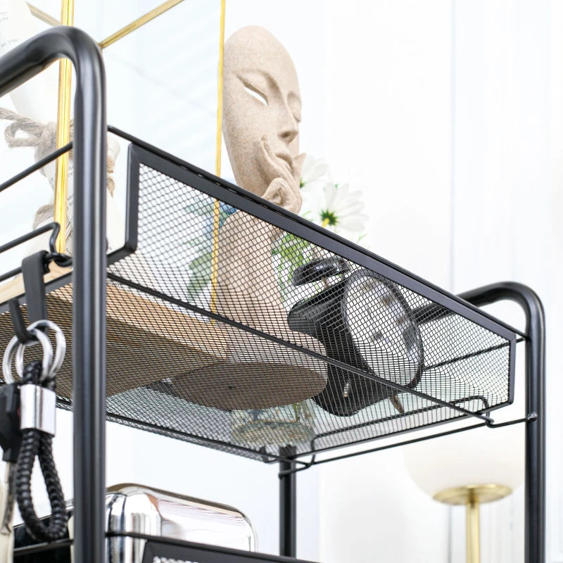 Five-Steel Mesh Storage Trolley with Wheels - Black Basket Organizer for Home, Office, and Kitchen