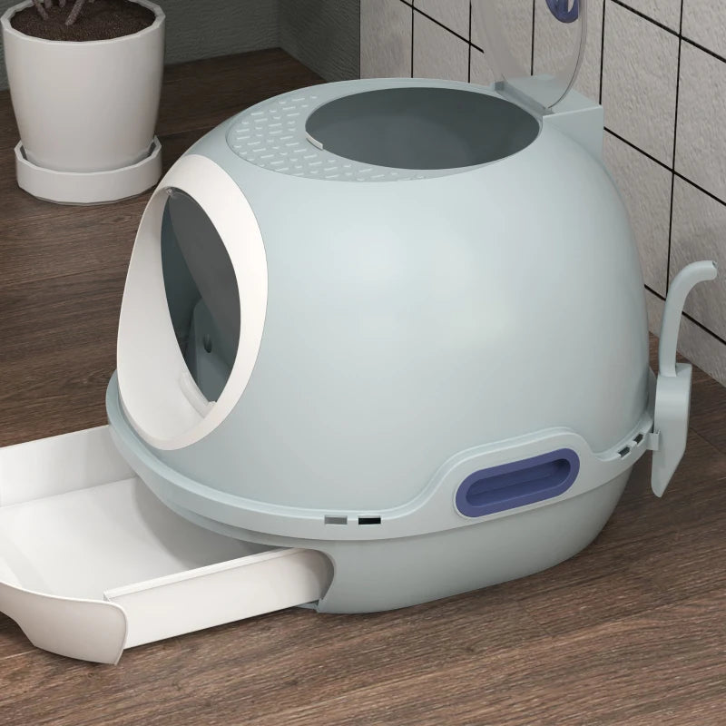 Blue Enclosed Cat Litter Box with Drawer & Scoop - Front Entry, Top Exit, Easy to Clean