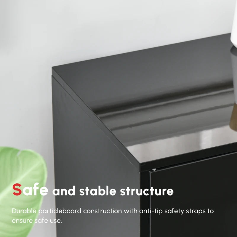 High Gloss Black Side Cabinet with Push-Open Design, 2 Drawers & 2 Cabinets for Living Room - 74H x 117W x 36Dcm