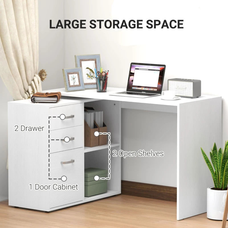 L Shaped Computer Desk with Drawers & File Cabinet - Reversible Home Office Study Table, 117x83.5x76cm, White