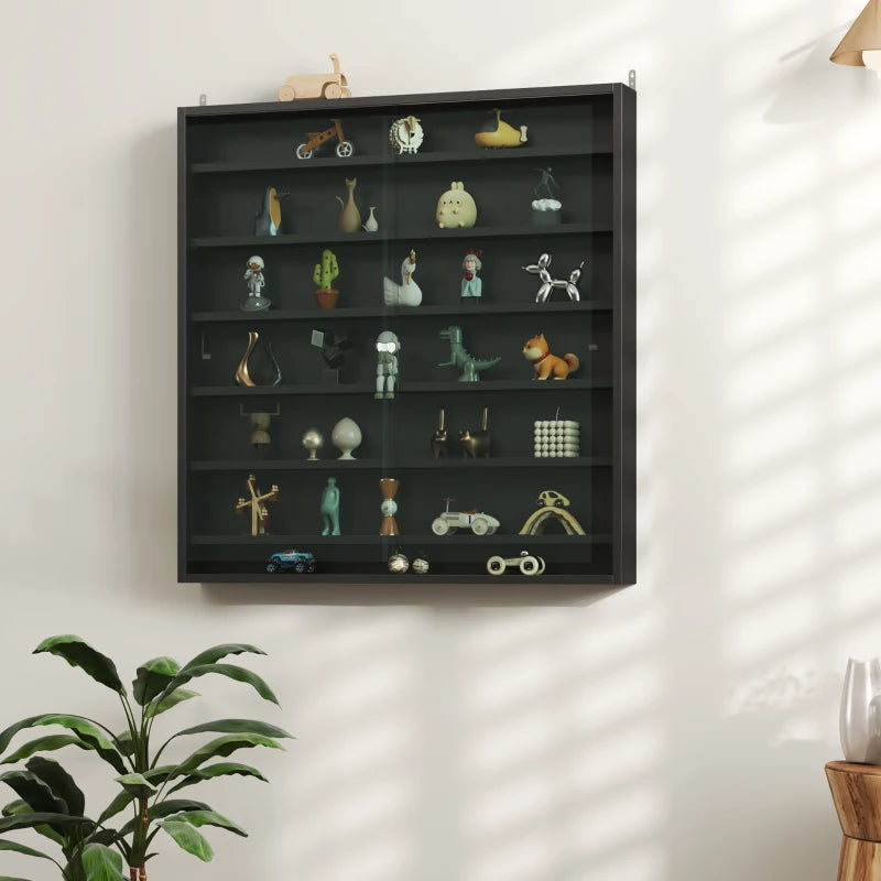 Modern Black Six Shelf Display Cabinet with Glass Doors - Stylish Storage Solution for Home or Office