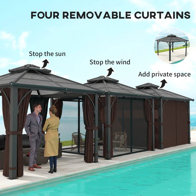 3x3m Brown Hardtop Gazebo Canopy with 7mm Double Polycarbonate Roof, Permanent Garden Pavilion with Mosquito Netting and Curtains for Patio and Deck